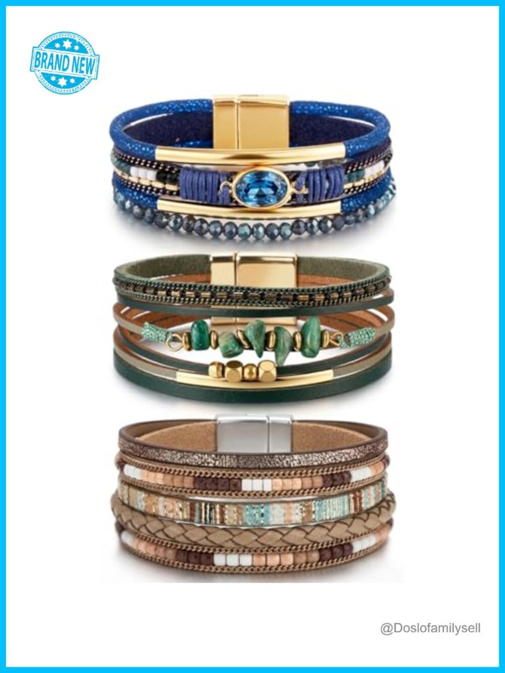 3pcs Leather Wrap Bracelets Boho Multi-Layer Crystal Beads Stone Cuff Bracelet